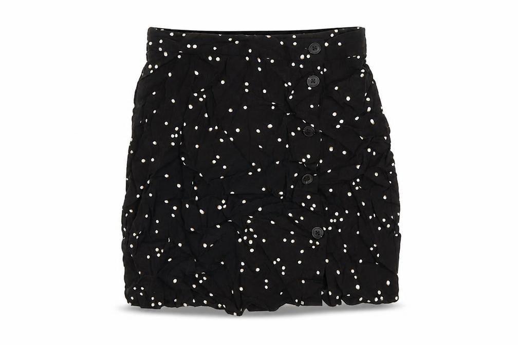 Front view of H&M women’s black animal print viscose mini skirt, size UK 6, button