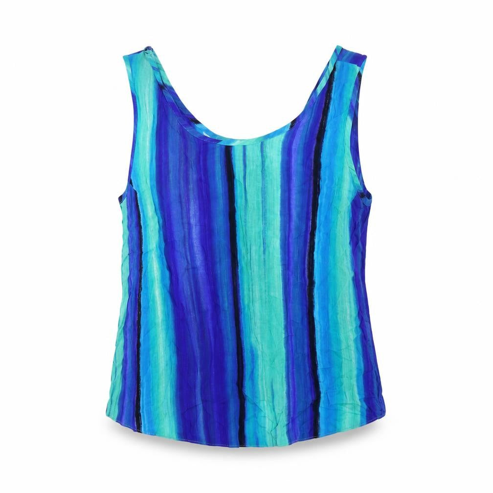 Front view of Roman women’s blue striped viscose basic tank, size UK 12, scoop neck