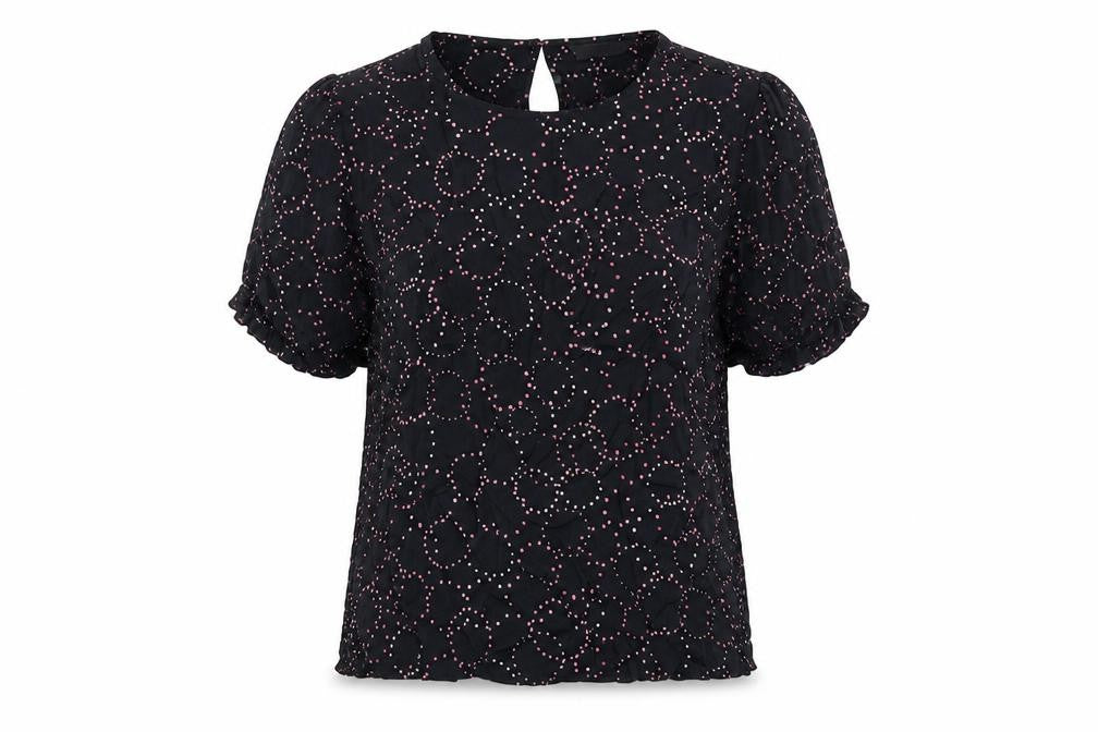 Front view of Marks & Spencer women’s blue polka dot viscose basic blouse, size UK 12, round neck