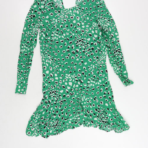 VILA Womens Green Animal Print Viscose Sheath Size 8 Boat Neck Tie - Ruffle