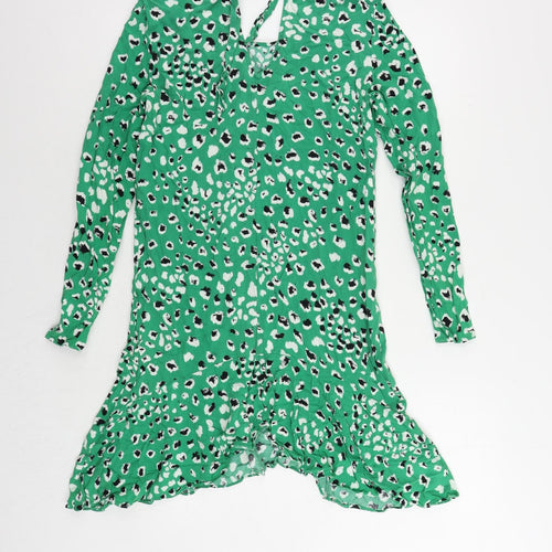 VILA Womens Green Animal Print Viscose Sheath Size 8 Boat Neck Tie - Ruffle