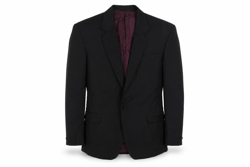 Front view of Skopes men’s black polyester tuxedo suit jacket, size 42, regular