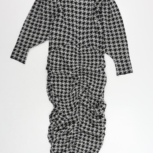 Zara Womens Black Geometric Viscose Sheath Size S Mock Neck Pullover - Ruched