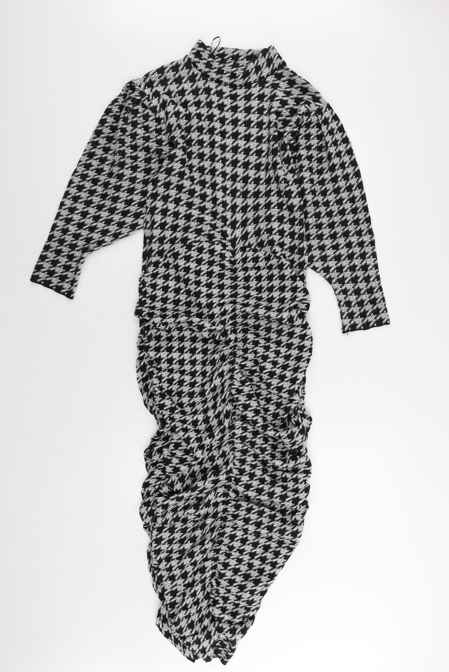 Zara Womens Black Geometric Viscose Sheath Size S Mock Neck Pullover - Ruched