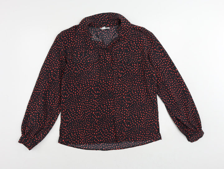 Topshop Womens Black Animal Print Polyester Basic Button-Up Size 10 Collared