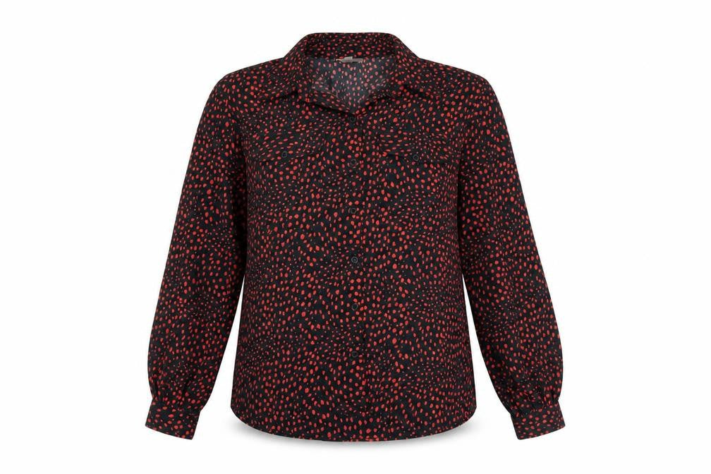 Front view of Topshop women’s black animal print polyester basic button-up, size UK 10, collared