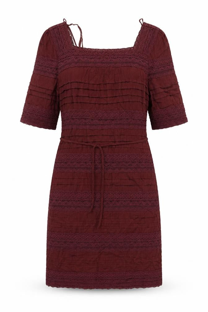 Front view of nice things women’s purple cotton sheath, size UK 8, square neck pullover - lace detail