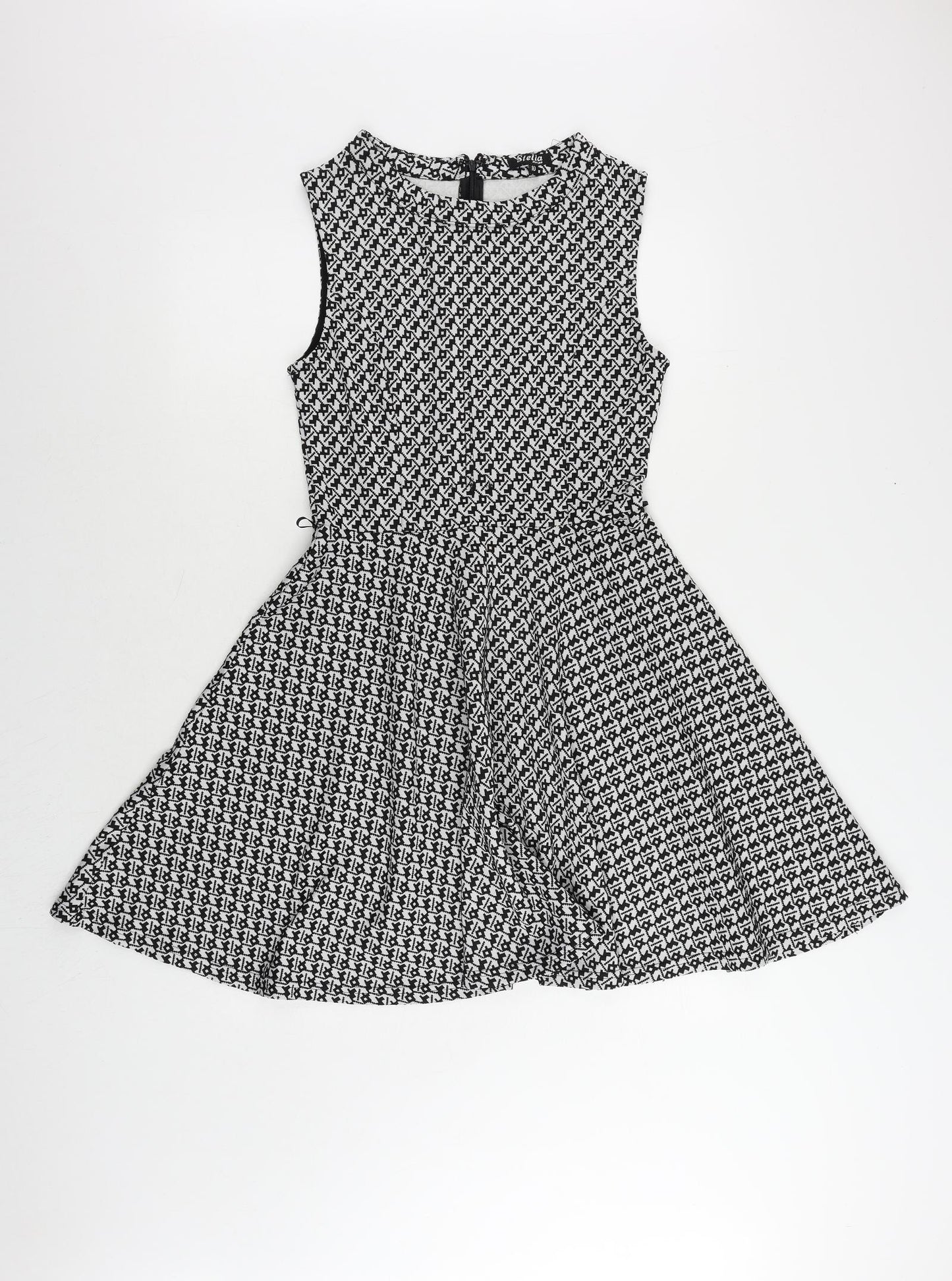 Stella Morgan Womens Black Geometric Polyester Skater Dress Size 10 Round Neck Pullover
