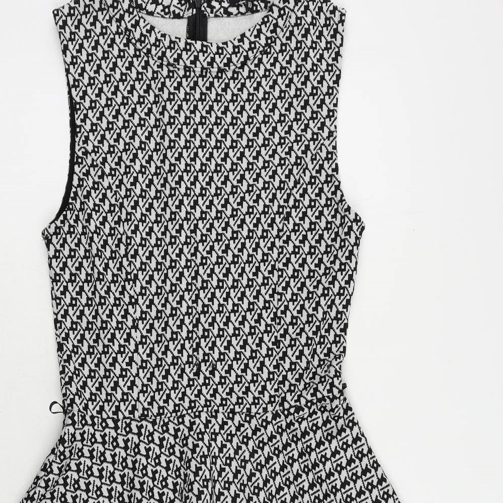 Stella Morgan Womens Black Geometric Polyester Skater Dress Size 10 Round Neck Pullover