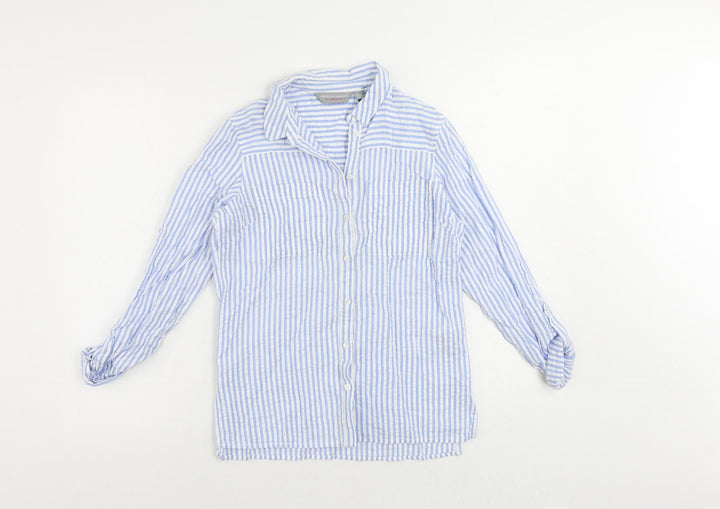 Dorothy Perkins Womens Blue Striped Cotton Basic Button-Up Size 8 Collared