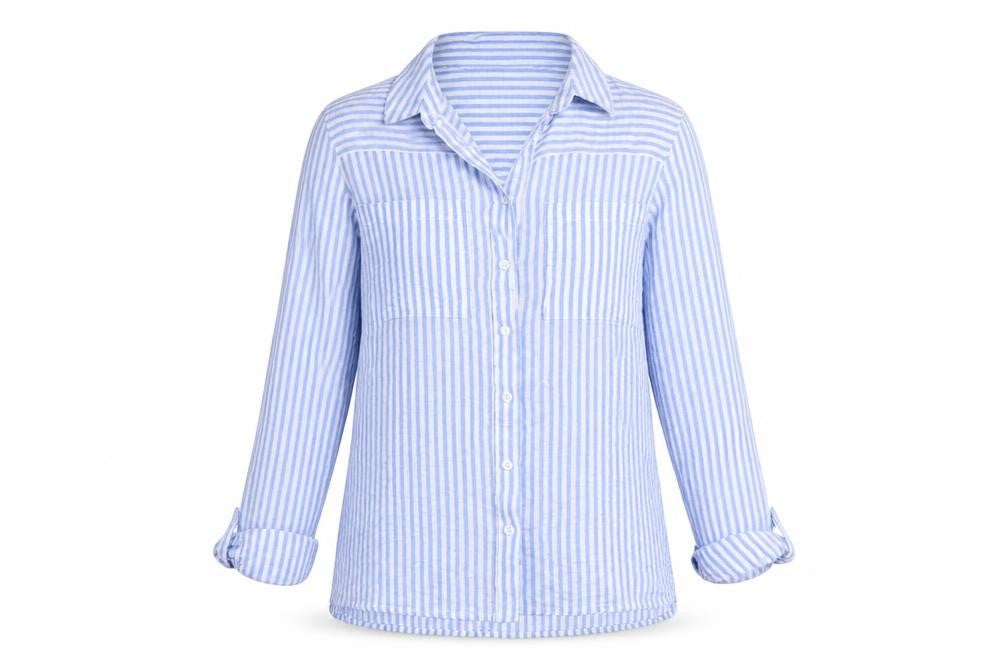 Front view of Dorothy Perkins women’s blue striped cotton basic button-up, size UK 8, collared