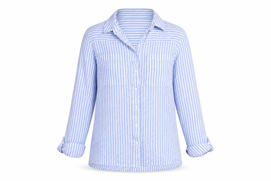 Front view of Dorothy Perkins women’s blue striped cotton basic button-up, size UK 8, collared