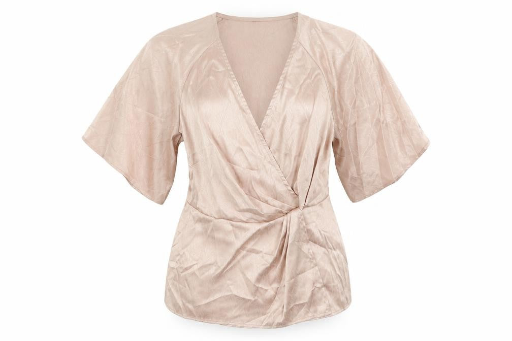 Front view of New Look women’s pink polyester basic blouse, size UK 8, v-neck