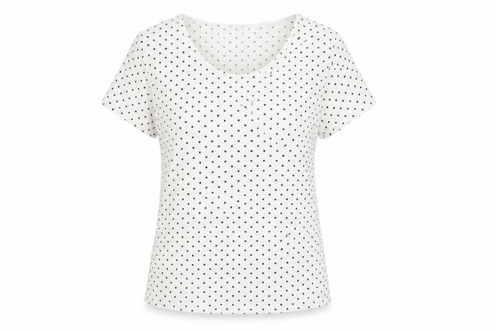 Front view of Profile women’s white polka dot polyester basic t-shirt, size UK 14, round neck
