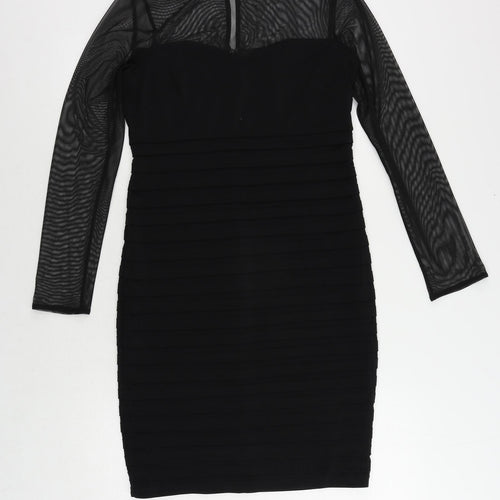 Wallis Womens Black Polyester Pencil Dress Size 10 Round Neck Button - Sheer Sleeves