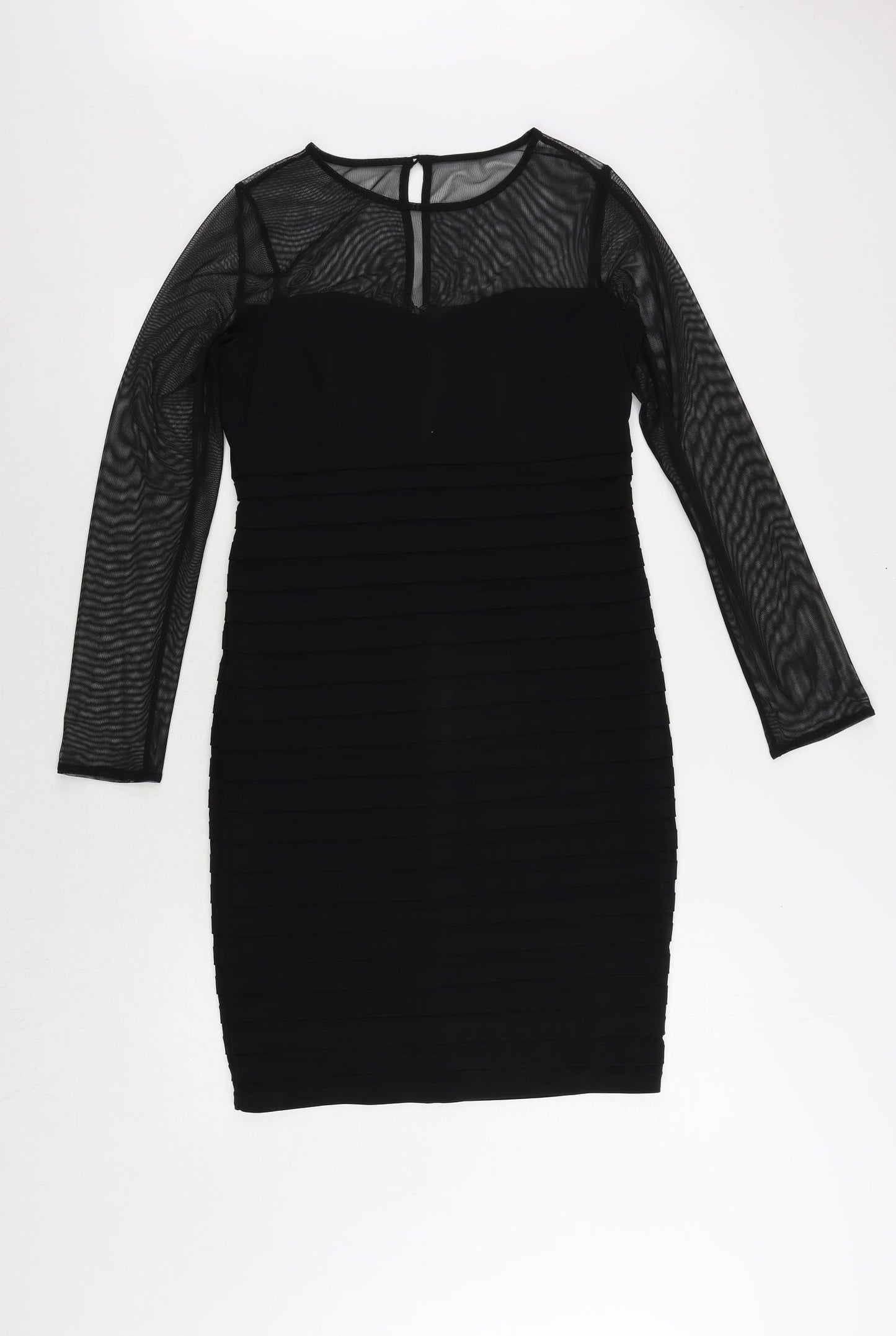Wallis Womens Black Polyester Pencil Dress Size 10 Round Neck Button - Sheer Sleeves