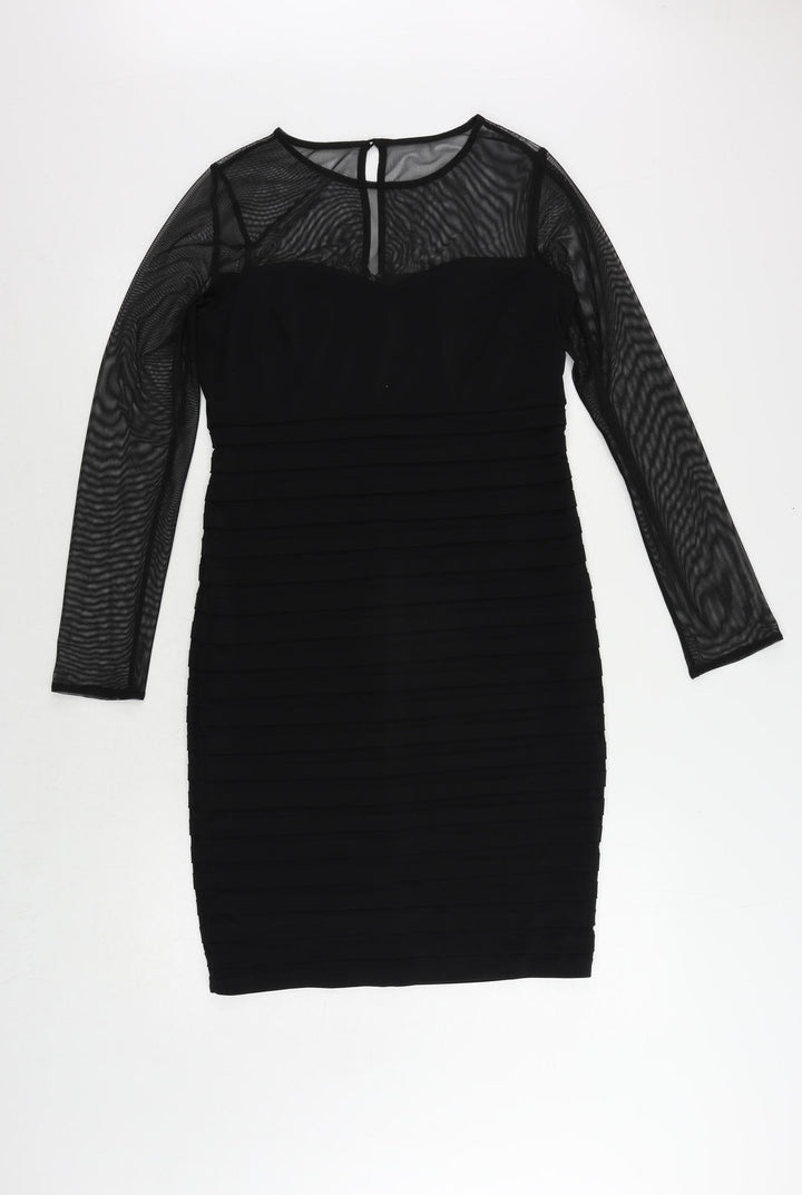 Wallis Womens Black Polyester Pencil Dress Size 10 Round Neck Button - Sheer Sleeves