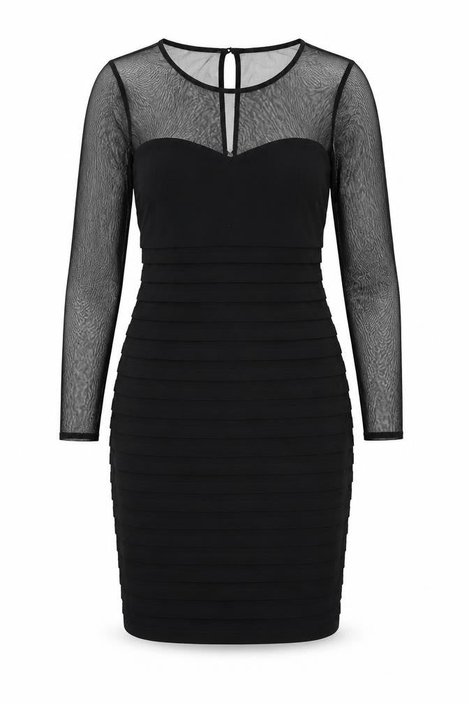 Wallis Womens Black Polyester Pencil Dress Size 10 Round Neck Button - Sheer Sleeves