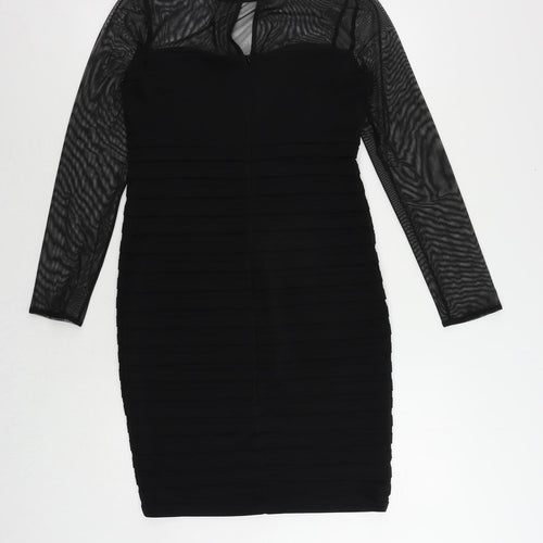 Wallis Womens Black Polyester Pencil Dress Size 10 Round Neck Button - Sheer Sleeves