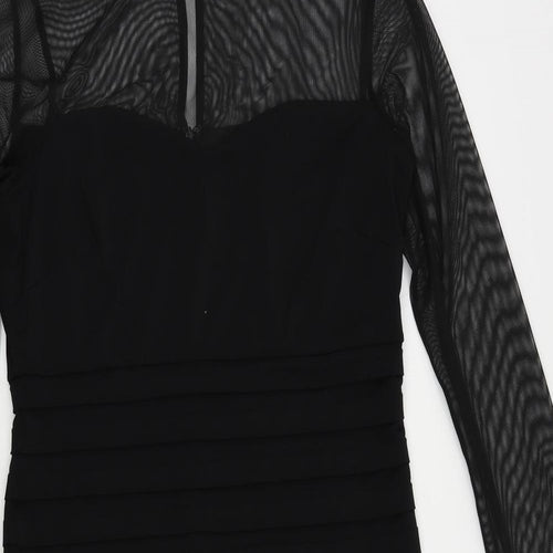Wallis Womens Black Polyester Pencil Dress Size 10 Round Neck Button - Sheer Sleeves