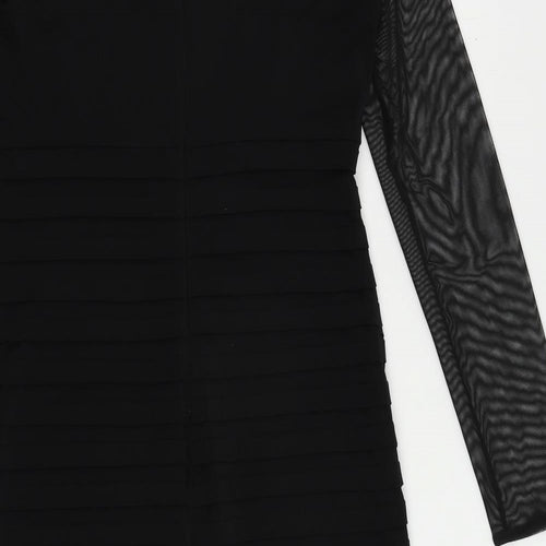 Wallis Womens Black Polyester Pencil Dress Size 10 Round Neck Button - Sheer Sleeves