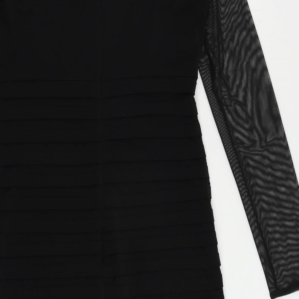 Wallis Womens Black Polyester Pencil Dress Size 10 Round Neck Button - Sheer Sleeves