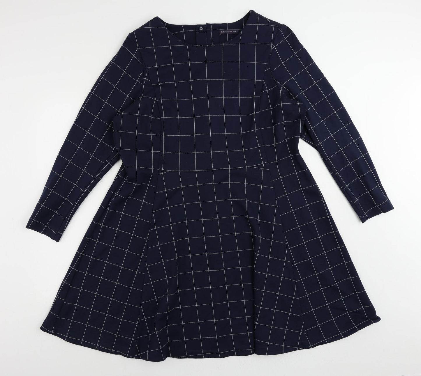 Marks and Spencer Womens Blue Check Viscose Fit & Flare Size 22 Boat Neck Zip