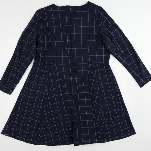 Marks and Spencer Womens Blue Check Viscose Fit & Flare Size 22 Boat Neck Zip