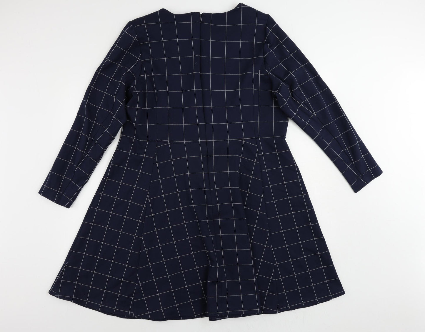 Marks and Spencer Womens Blue Check Viscose Fit & Flare Size 22 Boat Neck Zip