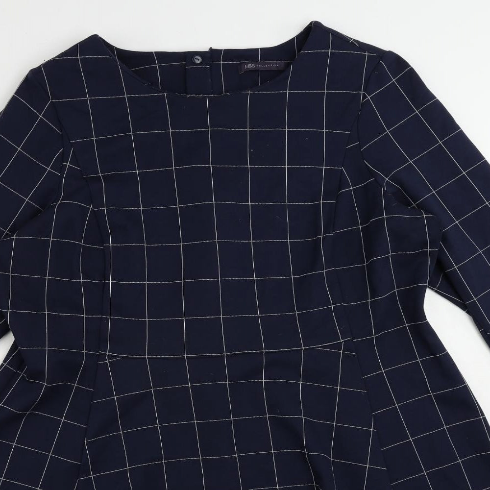 Marks and Spencer Womens Blue Check Viscose Fit & Flare Size 22 Boat Neck Zip