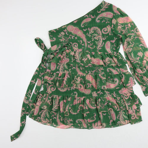 Twenty Dresses Womens Green Paisley Polyester Fit & Flare Size XL One Shoulder Zip - Ruffle