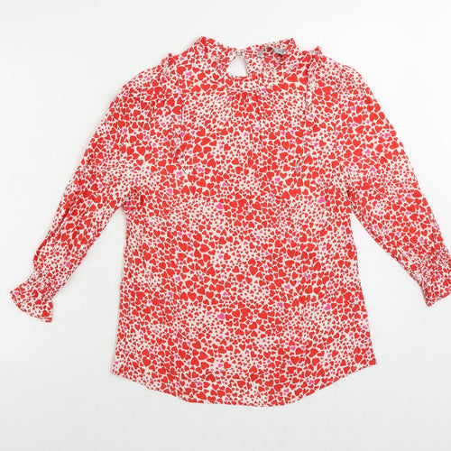 Oasis Womens Red Geometric Viscose Basic Blouse Size 10 Mock Neck - Heart Pattern