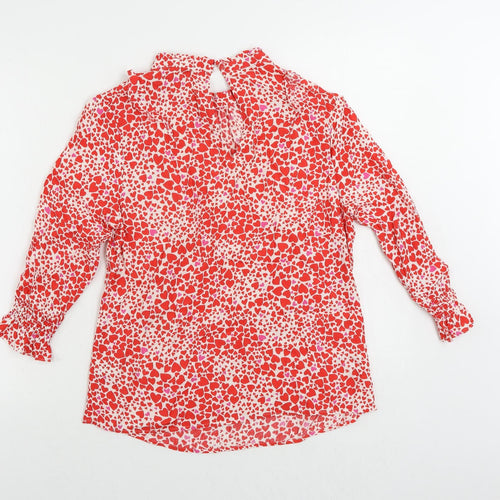 Oasis Womens Red Geometric Viscose Basic Blouse Size 10 Mock Neck - Heart Pattern