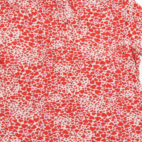 Oasis Womens Red Geometric Viscose Basic Blouse Size 10 Mock Neck - Heart Pattern