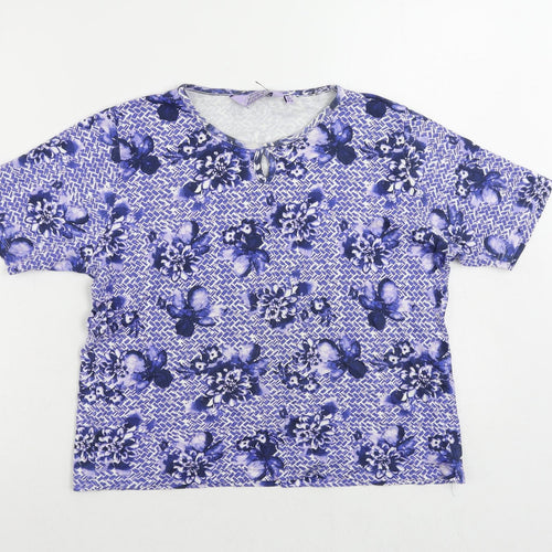 EWM Womens Blue Geometric Cotton Basic T-Shirt Size 14 Round Neck - Size 14-16