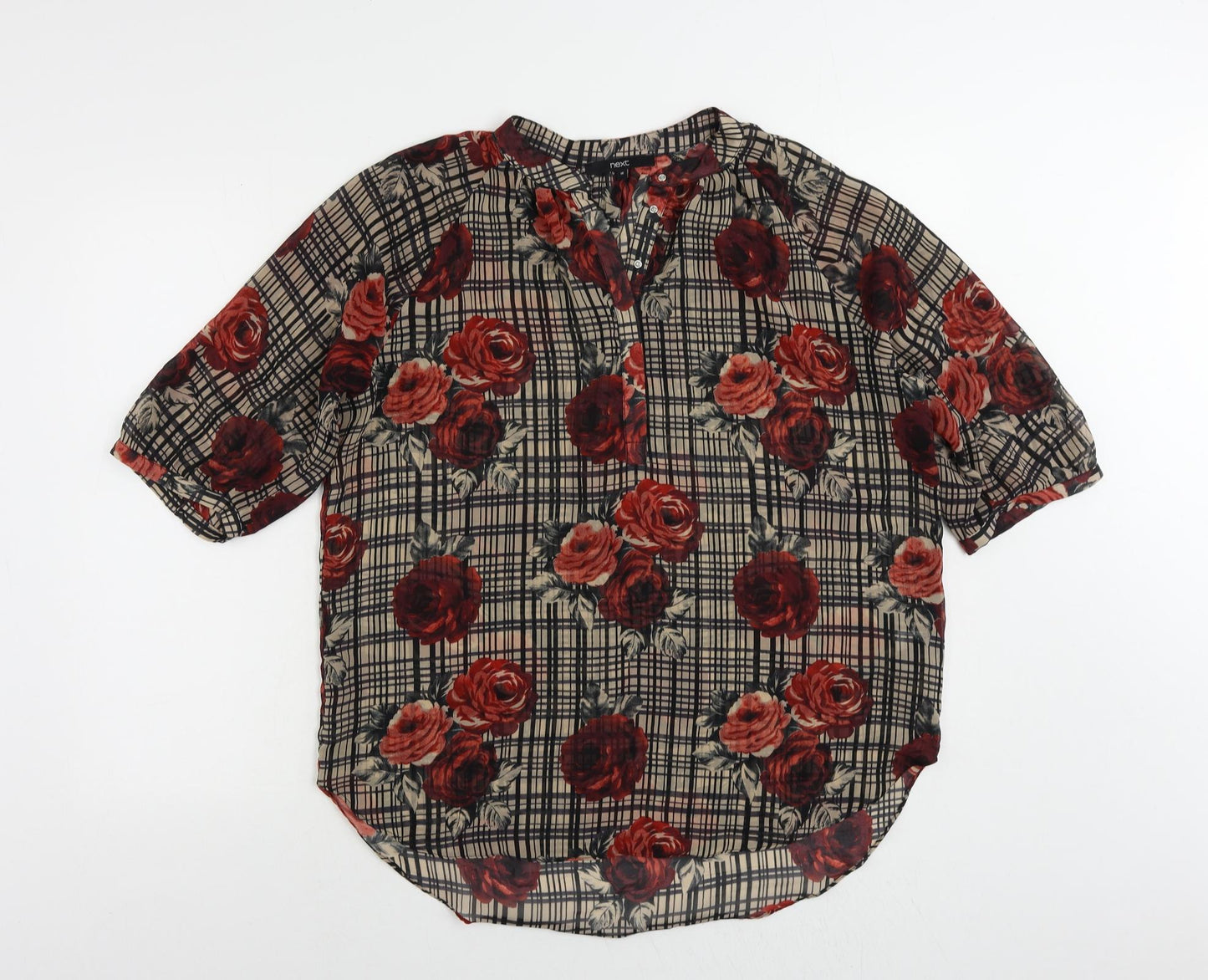 NEXT Womens Black Floral Polyester Basic Blouse Size 16 Round Neck - Sheer