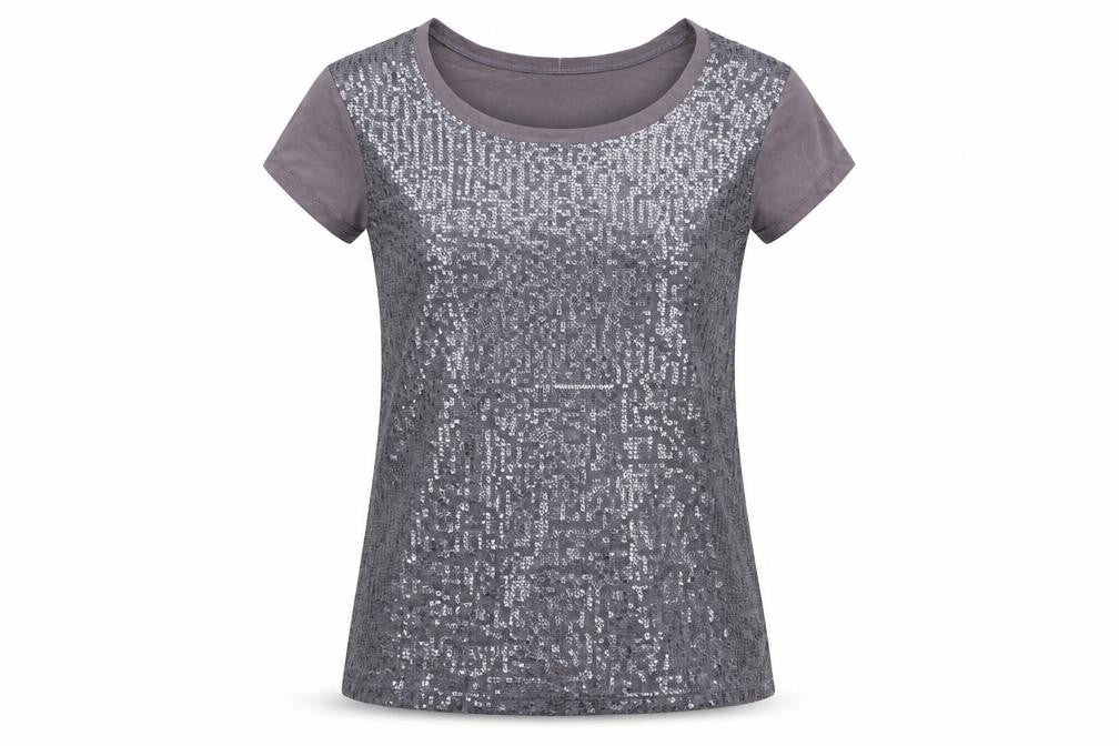 Front view of Great Plains women’s grey cotton basic t-shirt, size M, round neck - sequin