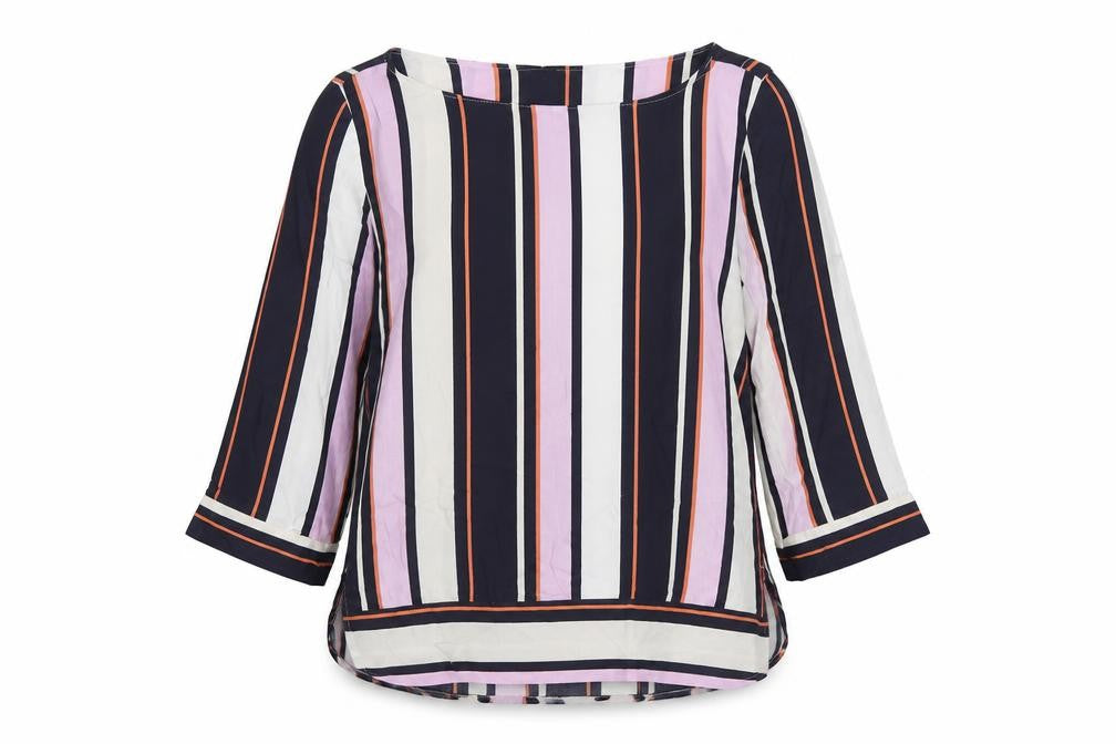 Front view of Next women’s multicoloured striped viscose basic blouse, size UK 12, boat neck