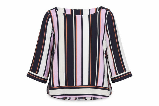 Front view of Next women’s multicoloured striped viscose basic blouse, size UK 12, boat neck