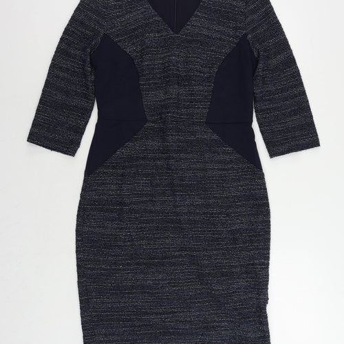 Phase Eight Womens Blue Cotton Pencil Dress Size 12 V-Neck Zip