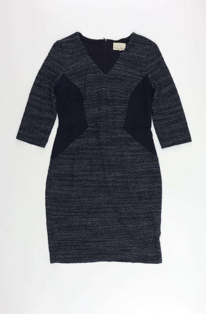 Phase Eight Womens Blue Cotton Pencil Dress Size 12 V-Neck Zip