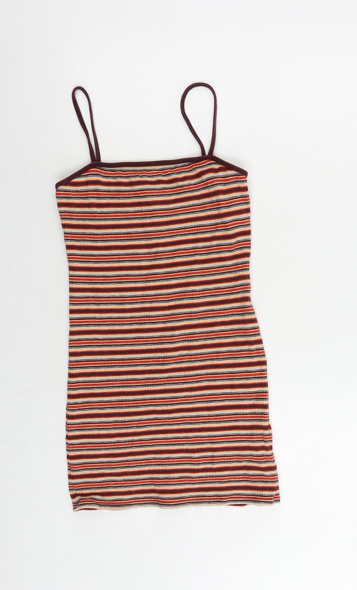 Topshop Womens Multicoloured Striped Cotton Mini Size 10 Square Neck Pullover
