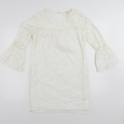 Miss Selfridge Womens White Cotton Shift Size 12 Round Neck Button - Broderie Anglaise