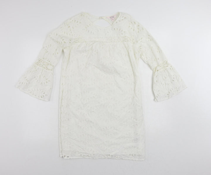 Miss Selfridge Womens White Cotton Shift Size 12 Round Neck Button - Broderie Anglaise