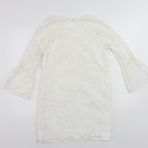 Miss Selfridge Womens White Cotton Shift Size 12 Round Neck Button - Broderie Anglaise