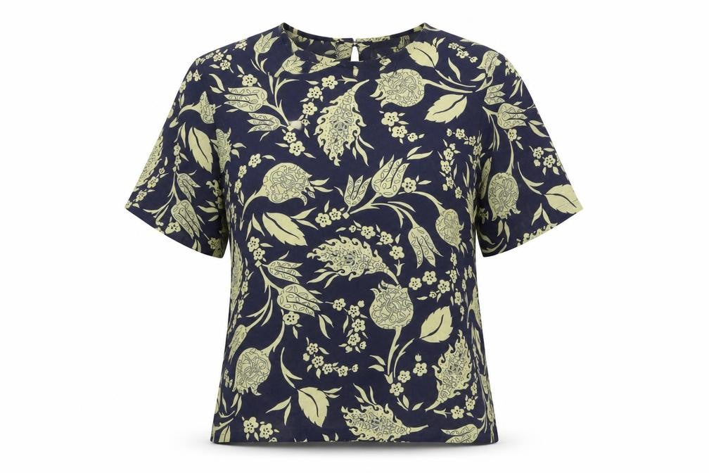 Front view of Basler women’s blue floral polyester basic blouse, size UK 12, round neck - sheer
