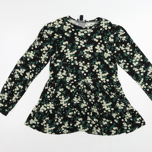 New Look Womens Black Floral Viscose Basic Blouse Size 8 Round Neck - Peplum