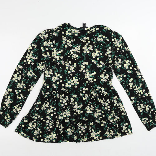 New Look Womens Black Floral Viscose Basic Blouse Size 8 Round Neck - Peplum