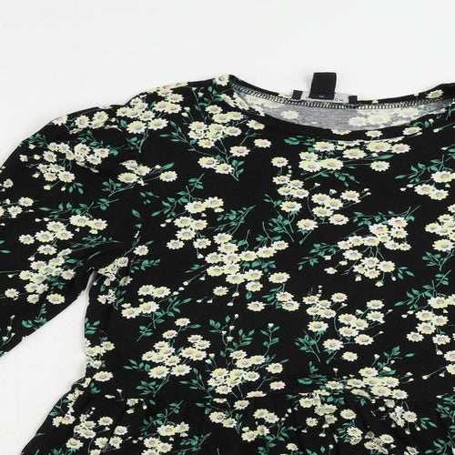 New Look Womens Black Floral Viscose Basic Blouse Size 8 Round Neck - Peplum