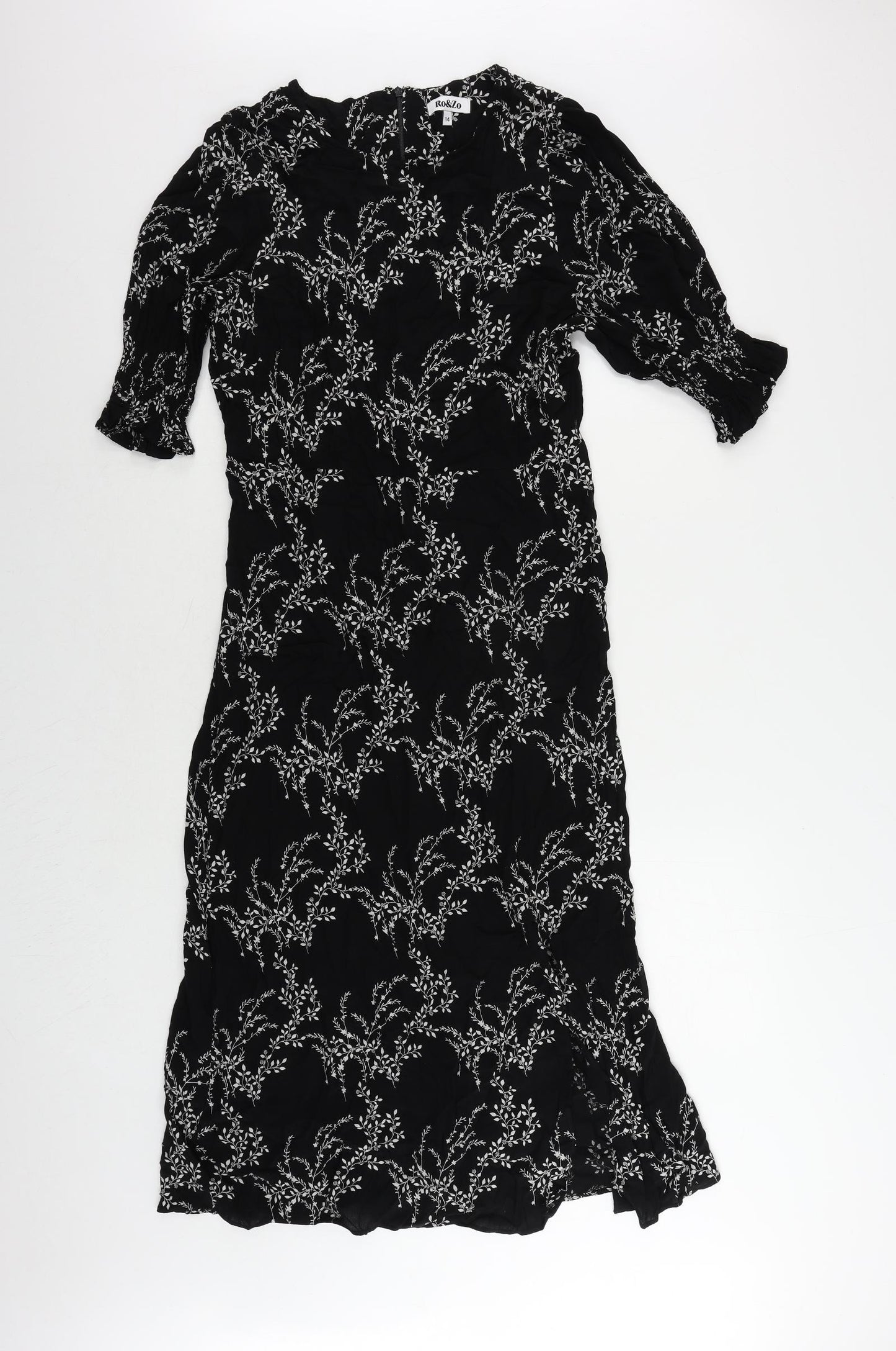 Ro&Zo Womens Black Floral Viscose A-Line Size 14 Round Neck Zip